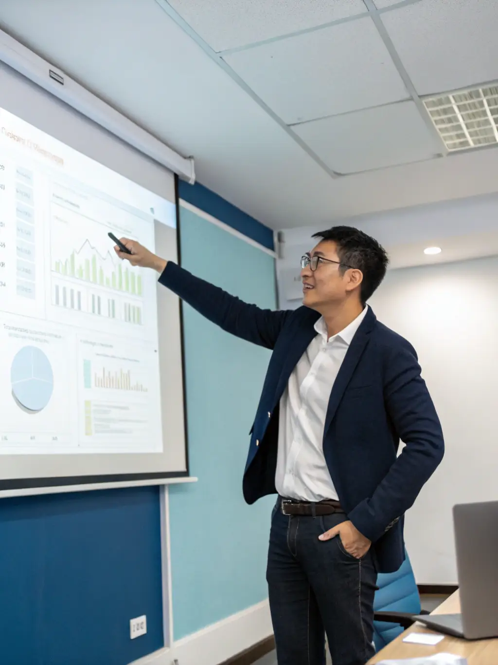 A professional confidently presenting data and insights to colleagues, illustrating leadership and presentation skills.