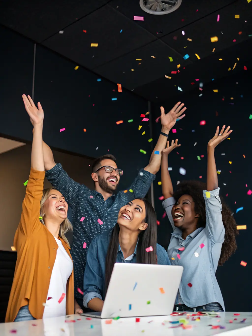 An image of motivated employees celebrating a team achievement, reflecting increased drive and a positive work environment.