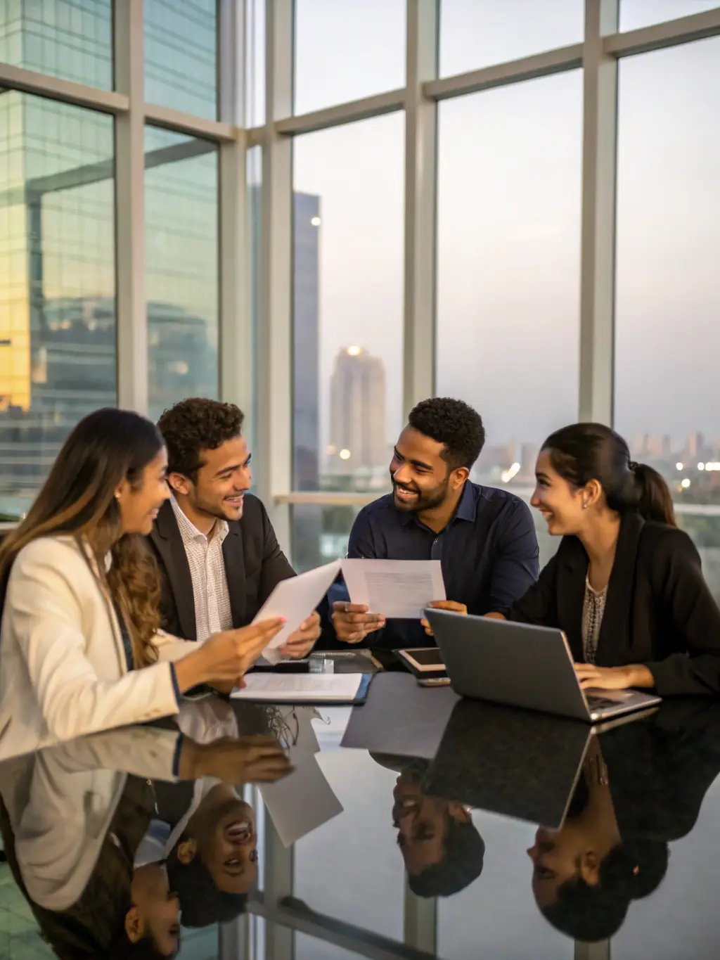A diverse team of professionals collaborating on a project, showcasing effective communication and teamwork in a modern office setting.
