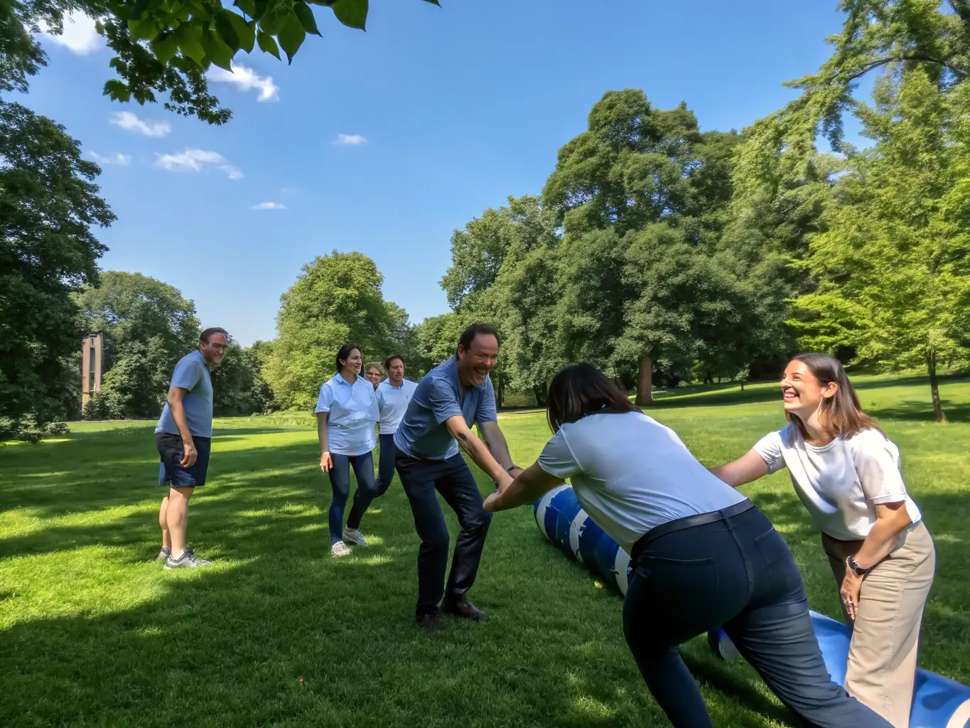 A diverse group of professionals actively participating in a team-building exercise during a Taimelux OÜ training session, showcasing collaboration and engagement.